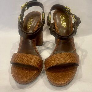 Lauren Ralph Lauren Faustine, Brown Raffia Leather, Open Toe Sandals (Heels)7B